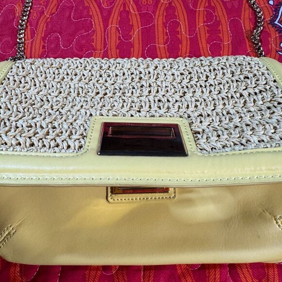 Talbots Yellow Woven Straw Leather Crossbody Purse Clutch Chain Strap Gold Clasp - Picture 8 of 16